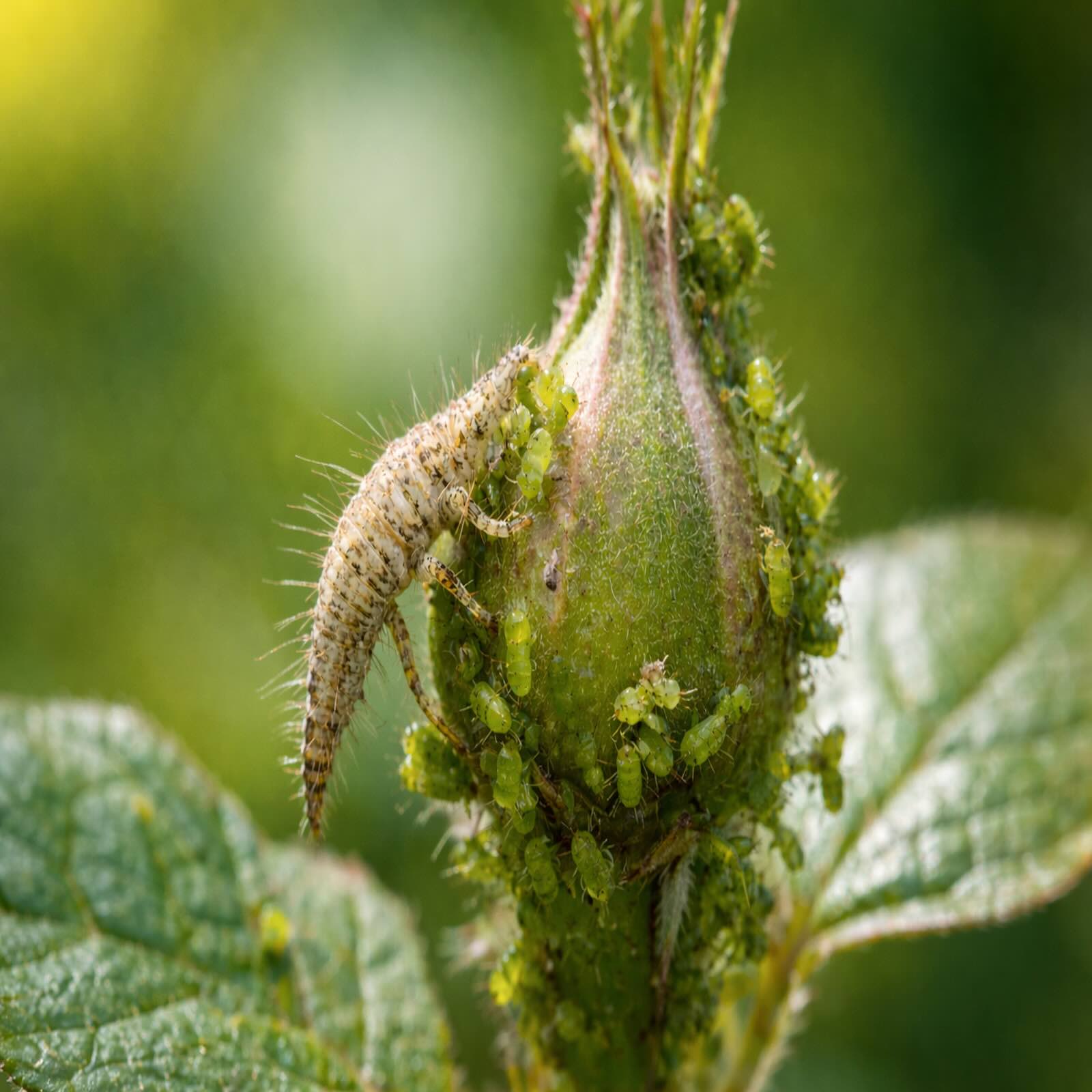 Florfliegenlarve frisst Blattläuse an Pflanze – biologische Schädlingsbekämpfung