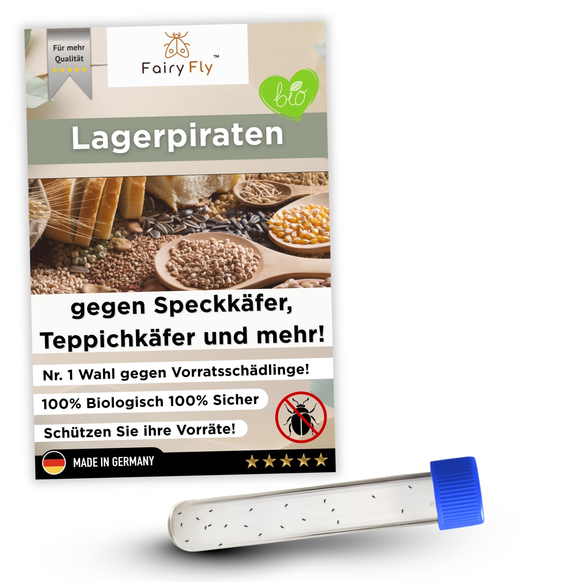 FairyFly Lagerpiraten gegen Speckkäfer & Teppichkäfer – 100 % biologische Schädlingsbekämpfung ohne Chemie – 30 Nützlinge im Röhrchen – Made in Germany