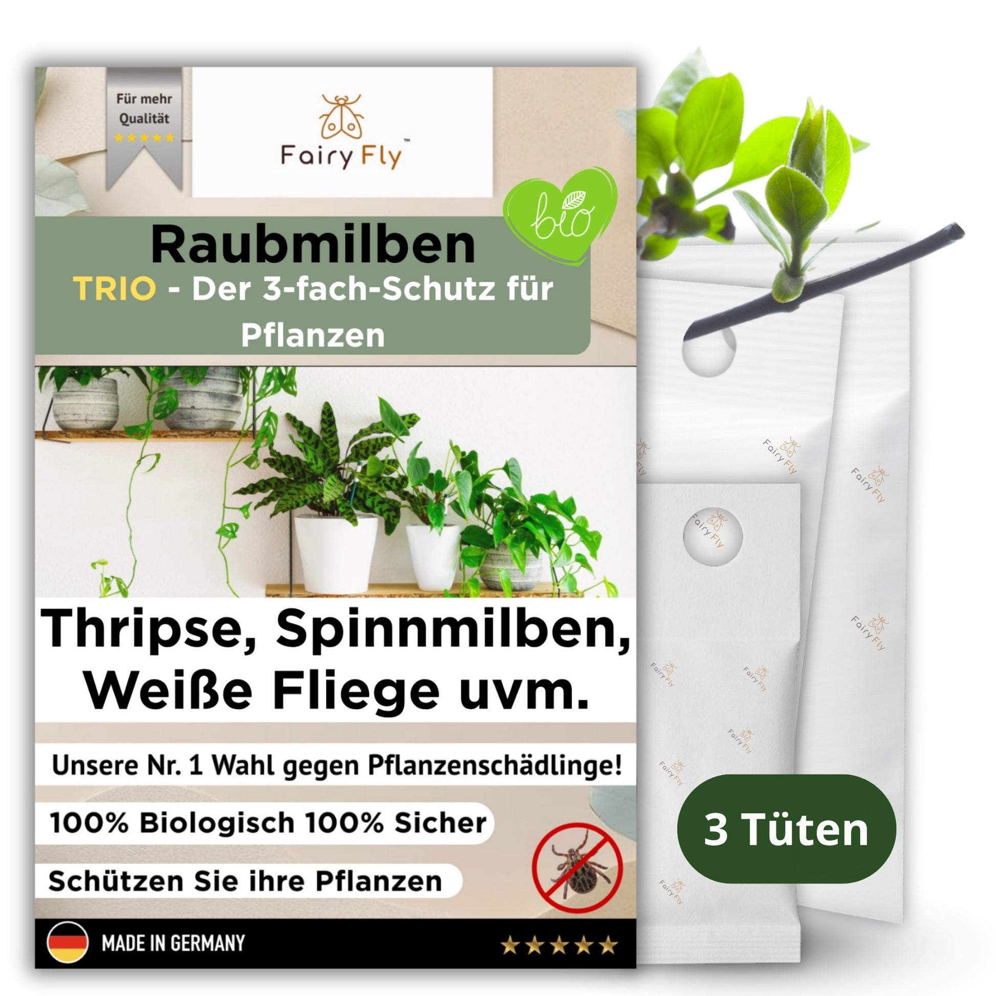 FairyFly Raubmilben TRIO gegen Thripse, Spinnmilben, Weichhautmilben & Weiße Fliegen - Der 3-Fach Schutz für Pflanzen
