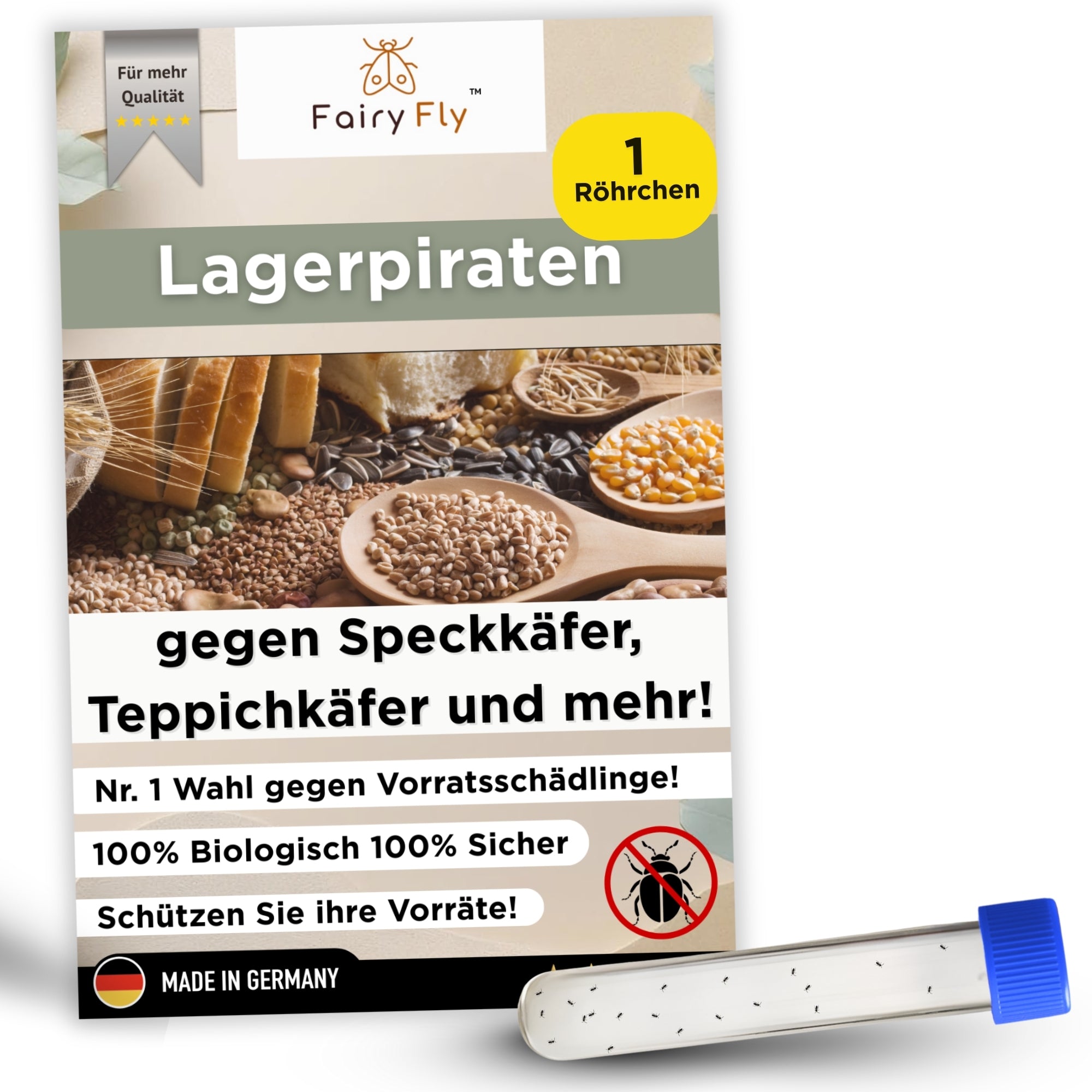 FairyFly Lagerpiraten against larder beetles &amp; carpet beetles – 100% biological pest control without chemicals – 30 beneficial insects in a tube – Made in Germany