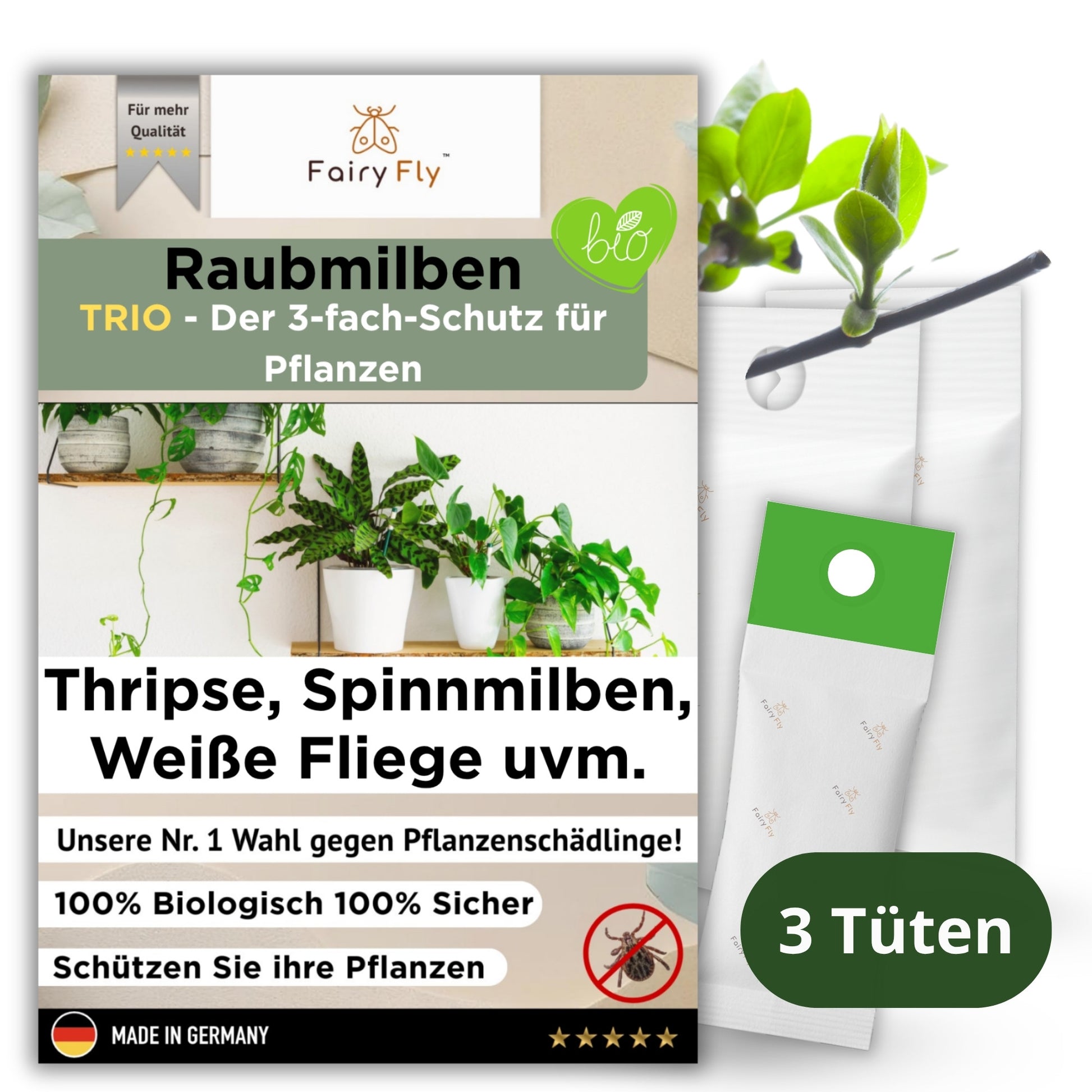 FairyFly Raubmilben TRIO gegen Thripse, Spinnmilben, Weichhautmilben & Weiße Fliegen - Der 3-Fach Schutz für Pflanzen