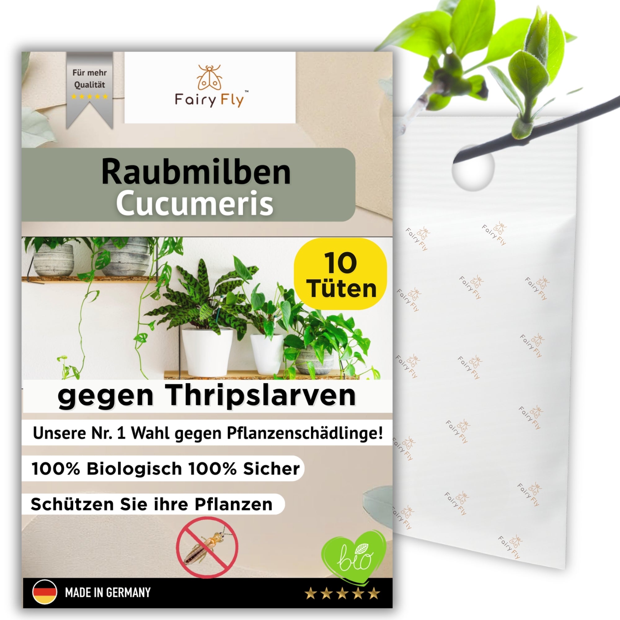 FairyFly Cucumber Predatory Mites – Naturally against Thrips and Moths – 100% Organic and Chemical-Free – For Houseplants, Gardens, and Greenhouses – Made in Germany